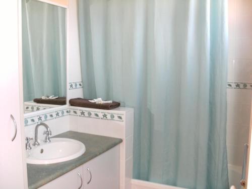 伯马吉雷加特角假日公园的一间带水槽和淋浴帘的浴室