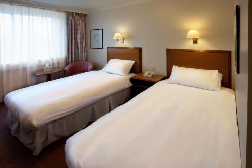 考文垂大不列颠考文垂山酒店的酒店客房设有两张床和窗户。