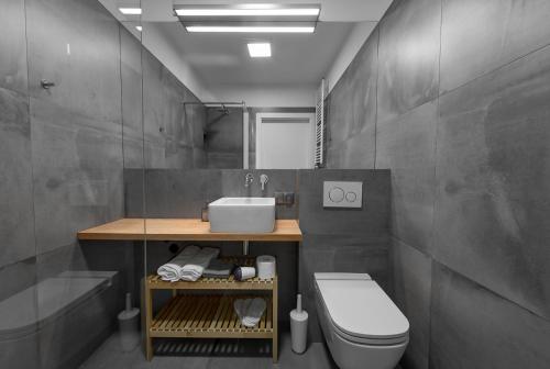 波兹南Apartamenty Benthos Towarowa的一间带卫生间和水槽的浴室