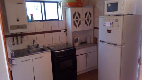 维纳德马Cabaña 1 Neuling-Reñaca的一间带冰箱和水槽的小厨房
