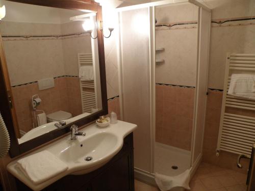 CessoleMadonna della Neve的浴室配有盥洗盆和带镜子的淋浴