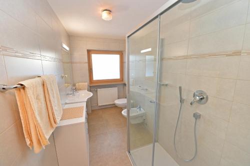 塞尔瓦迪加尔代纳山谷Apartments Villa Rosa的一间带玻璃淋浴和卫生间的浴室