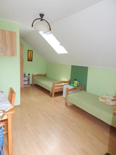 索利纳Pokoje nad Potokiem的客房设有绿色的床和木地板。