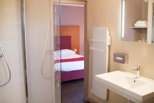 拉贝格The Originals City, Hôtel Le Sextant, Toulouse Sud的一间带水槽和淋浴的浴室以及一张床