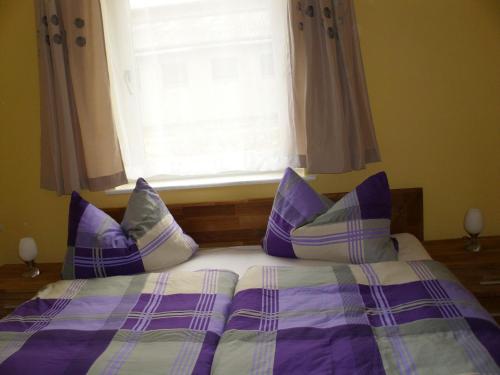 伯尔格伦德-雷特维施Attractive Holiday Home in Frielendorf with Fenced Garden的窗前带紫色和白色枕头的床