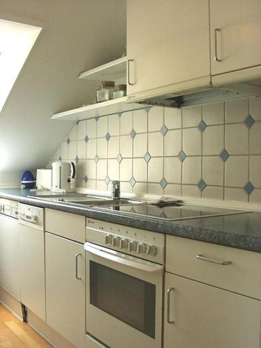 康斯坦茨Konstanz-Wallhausen的厨房配有白色家电和蓝色瓷砖