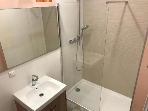 比得哥什维斯森霍弗法9号公寓的一间带水槽和玻璃门淋浴的浴室