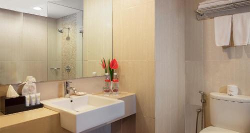 马格朗马格朗阿特里亚酒店的一间带水槽、卫生间和镜子的浴室