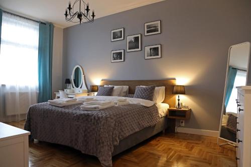 克拉科夫Grey Apartments Kościuszko的卧室配有一张床,墙上设有镜子