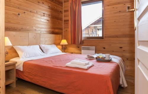 埃维昂莱班奥达里艾维安酒店的木制客房内的一间卧室,配有一张床