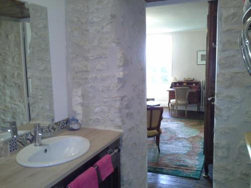 Ruelle-sur-Touvre罗吉斯鲁勒尔住宿加早餐旅馆的一间带水槽的浴室和一间客厅