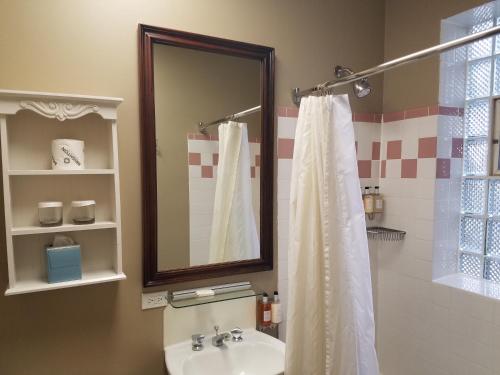 芝加哥曼捷斯帝酒店 的浴室设有白色的淋浴帘和水槽