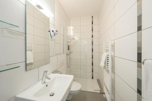 阿尔泽特河畔埃施Logis Hôtel Acacia的白色的浴室设有水槽和卫生间。