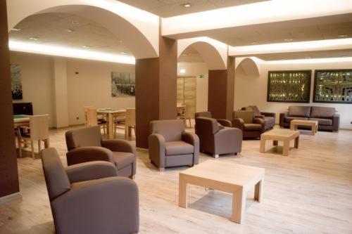 奥尼亚特Iraipe Santuario de Arantzazu Hotel的带沙发和桌椅的等候室