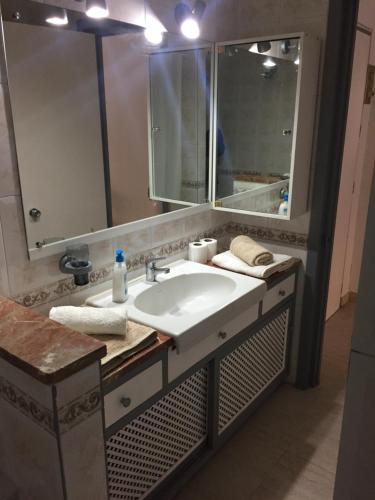 福恩吉罗拉Studio Aparthotel PYR的一间带水槽和大镜子的浴室