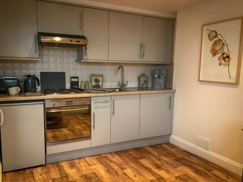 诺里奇Flat 4, York Terrace的厨房铺有木地板,配有白色橱柜。