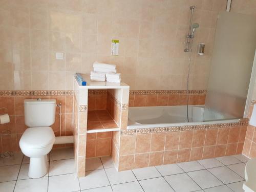 讷韦尔Nevers Hotel的浴室配有卫生间、淋浴和浴缸。