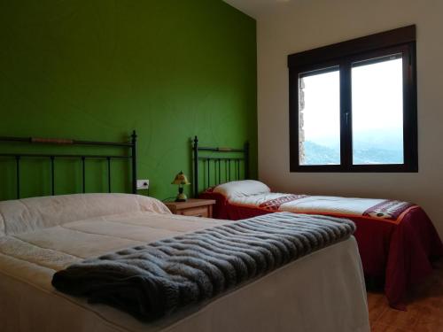 里奥帕尔Piedra del Tesoro的配有两张床的客房,设有绿色的墙壁和窗户