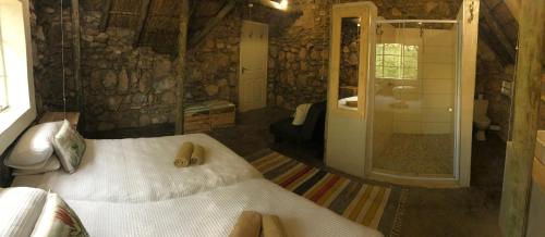 奥乔Sasa Safari Camp & Tours的一间卧室配有一张床,浴室设有淋浴。