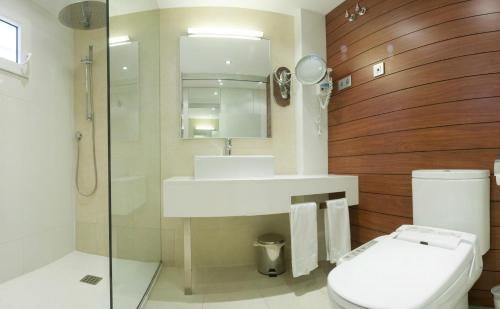 多列毛利诺斯米格尔海滩普拉亚俱乐部酒店的浴室配有卫生间、盥洗盆和淋浴。