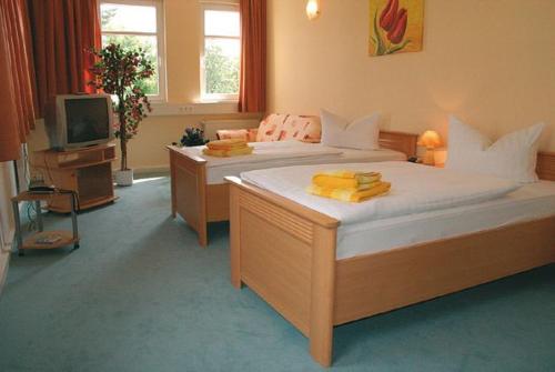 柏林库勃拉特河畔施普雷酒店的一间大卧室,配有两张床和电视