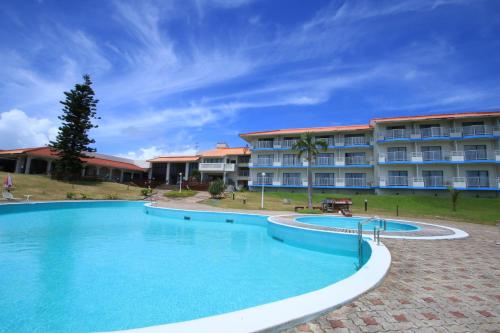 奄美珊瑚棕榈旅馆的酒店前方的大型游泳池
