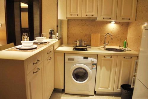 上海上海静安紫苑酒店公寓的厨房配有洗衣机和水槽