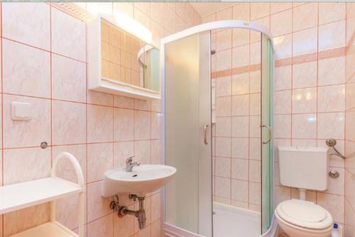 克拉列维察Apartman Ana的一间带水槽、卫生间和淋浴的浴室