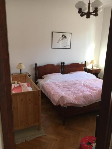 洛雷茨卡APP Rojko的一间卧室配有一张带粉红色棉被的床
