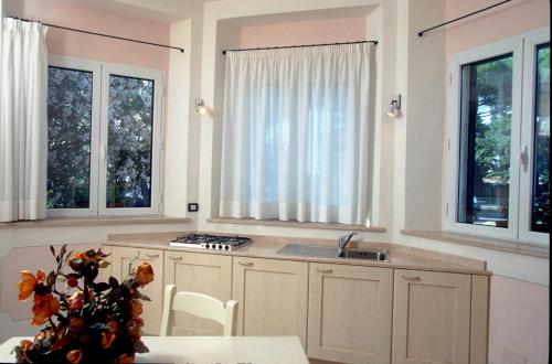 曼恰诺罗西酒店的厨房设有2扇窗户、水槽和桌子