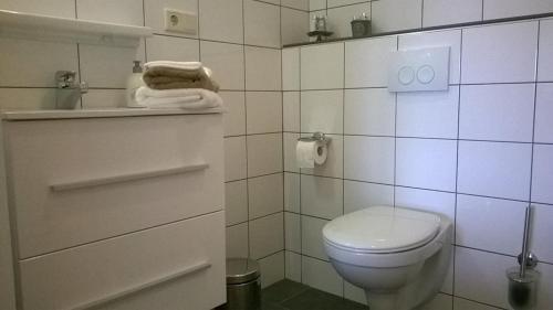 泰尔讷曾Het Zeeuwsverblijf的一间带卫生间的浴室和墙上的毛巾