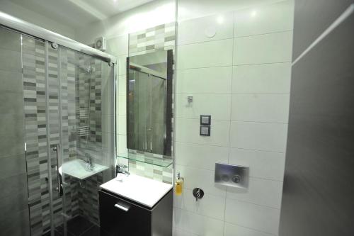 约阿尼纳迪卢索之家酒店的白色的浴室设有水槽和淋浴。