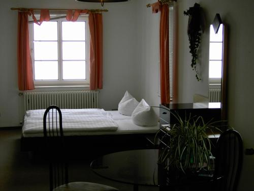 BergaLandhotel am Fuchsbach的一间卧室配有一张床、一张桌子和两个窗户