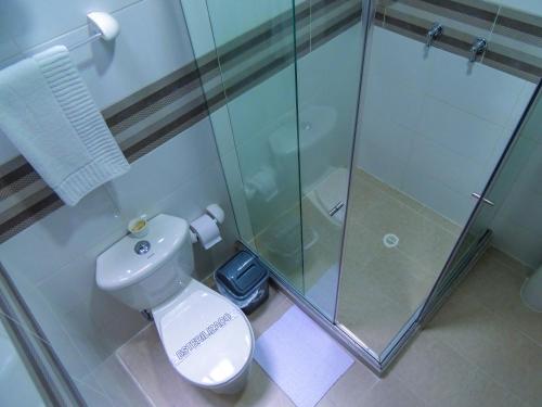 亚美尼亚Hotel San Martin的一间带卫生间和玻璃淋浴间的浴室