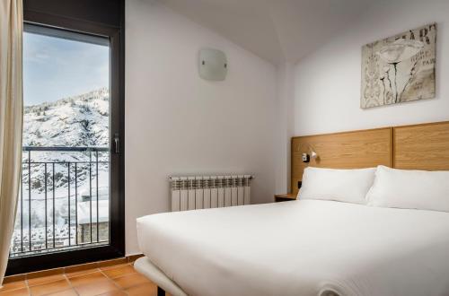 索尔德乌Apartamentos Prat de les Molleres的卧室设有一张白色大床和一扇窗户。