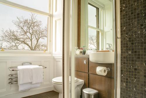 爱丁堡黑色常春藤酒店的一间带卫生间、水槽和窗户的浴室