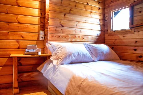桑亨霍Camping Preguntoiro的小木屋内一间卧室,配有一张床
