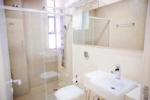 帕图布兰库Hotel San Pietro的一间带水槽、淋浴和卫生间的浴室