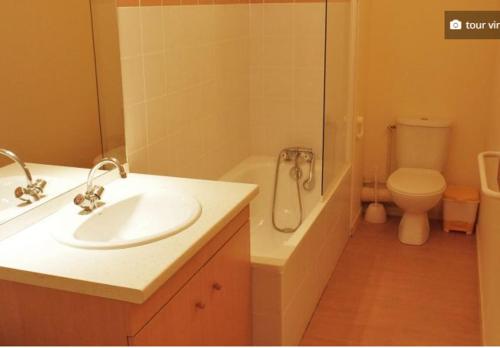 奥吕莱班Appartement à la montagne的一间带水槽、卫生间和淋浴的浴室