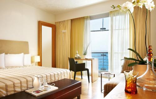 塞萨洛尼基戴奥斯尊享人生酒店的配有一张床、一张书桌和一扇窗户的酒店客房