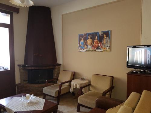卡托劳塔翁Xenonas Arxontiko的带沙发和壁炉的客厅