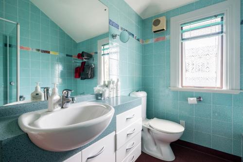 奥克兰大庞森比艺术住宿加早餐旅馆的蓝色的浴室设有水槽和卫生间