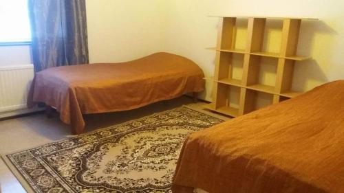 瓦萨Nice spacious home的一间设有两张床的房间和一张地毯