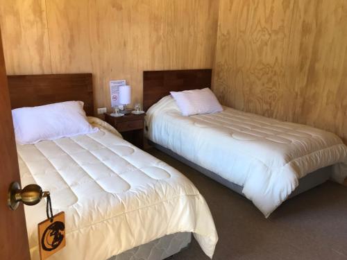 Puerto BertrandMonte Campamento Hostel的配有2张床的酒店客房 - 带喷雾器