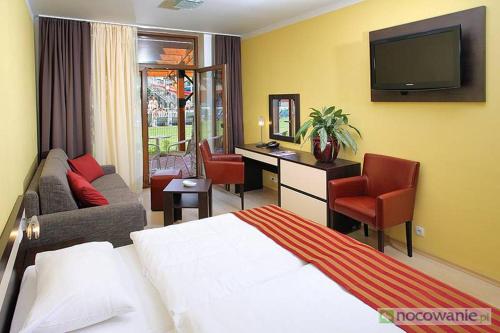 贝谢诺瓦Wellness Hotel Bešeňová的酒店客房设有一张床、一张书桌和一台电视机。