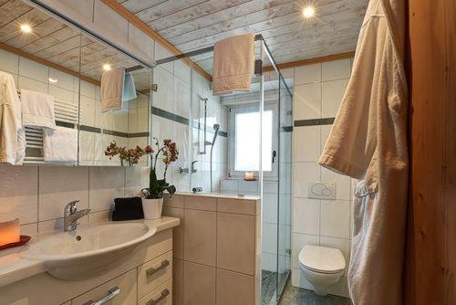 克洛斯特斯瑟纽斯Chalet Drusa的一间带水槽、卫生间和镜子的浴室