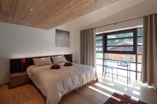 Villaroger矿产旅馆及水疗中心的一间卧室设有一张大床和一个大窗户