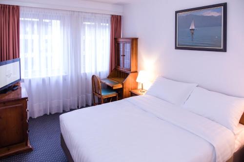 日内瓦Hotel Sagitta的酒店客房设有一张大床和一台电视。