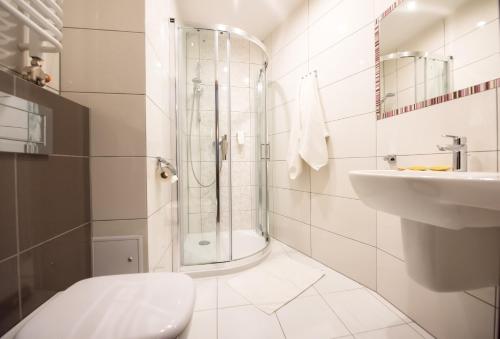 克拉科夫卡齐米2号酒店的带淋浴、卫生间和盥洗盆的浴室