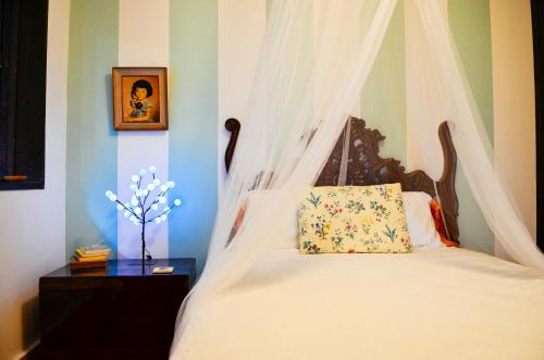 卡利魔法花园之家旅馆的一间卧室配有一张带天蓬的床